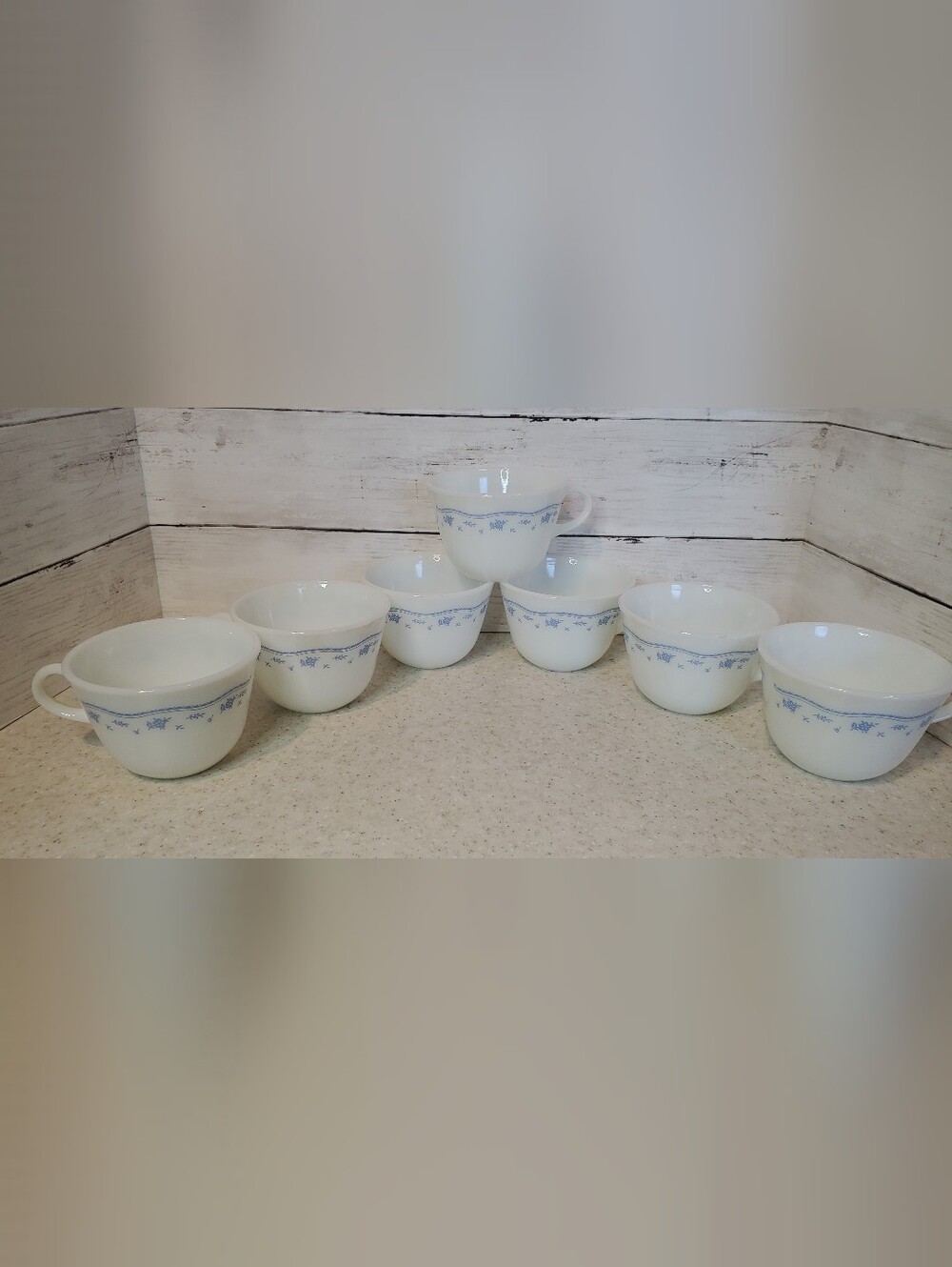 Vintage Pyrex Corning Morning Blue Morning Star Coffee Cups Set of 7 Milk Glass
